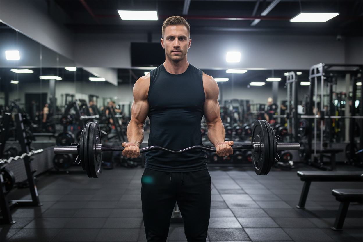 Fitness trainer performing reverse EZ bar curls with weighted 48 inch black Z bar