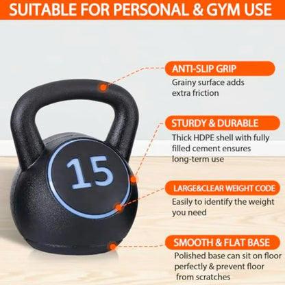 Wide Grip Kettlebell Sets 4 Piece Strength Training KettleBells Weights Set 5lb, 10lb, 15lb, 20lb HDPE Coated Concrete Kettle Be