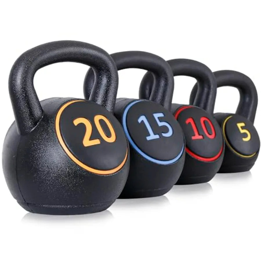Wide Grip Kettlebell Sets 4 Piece Strength Training KettleBells Weights Set 5lb, 10lb, 15lb, 20lb HDPE Coated Concrete Kettle Be